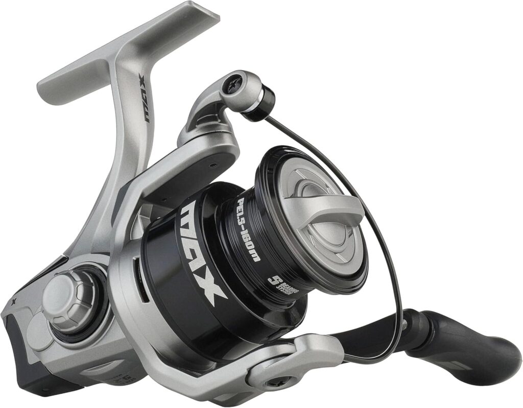 Abu Garcia Max X spinning reel with V-Rotor design and Rocket Line Management system, ready for Midwest walleye and bass fishing