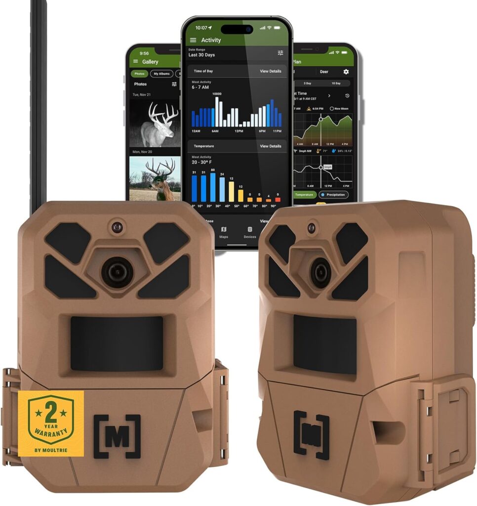 Moultrie Edge 3 cellular trail camera two-pack with AI buck detection and 4-carrier auto-connect for whitetail deer scouting