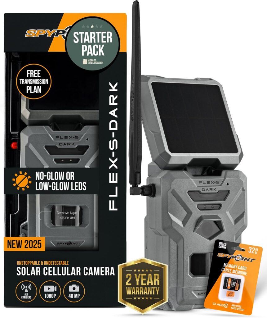 Spypoint Flex-S Dark solar cellular trail camera with no-glow LEDs and integrated solar panel for year-round Midwest whitetail monitoring